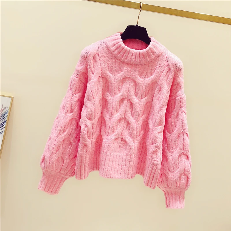 Женский вязаный свитер плотный Теплый розовый с круглым вырезом повседневный