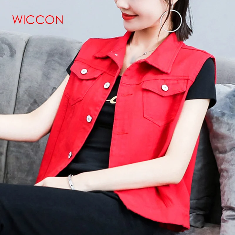 Женский укороченный джинсовый жилет красно синяя Базовая джинсовая куртка без