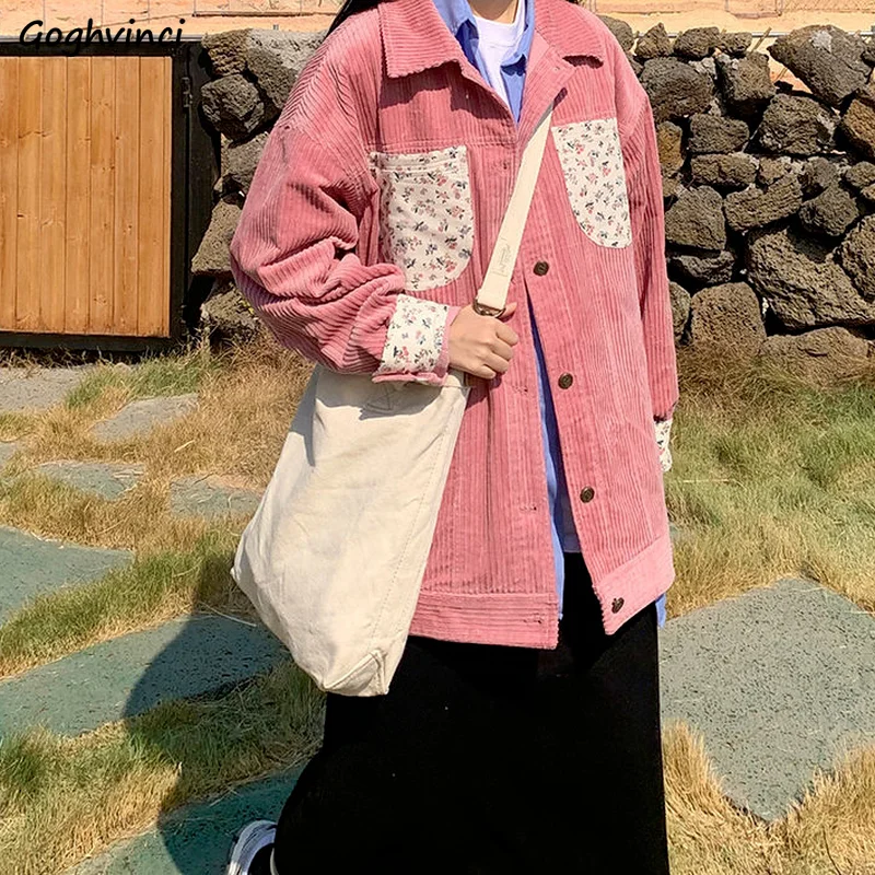 

Corduroy Basic Jackets Women Spliced Sweet Floral Turn-down Collar Oversize Retro Outwear Students Ulzzang Gentle Casual Coats