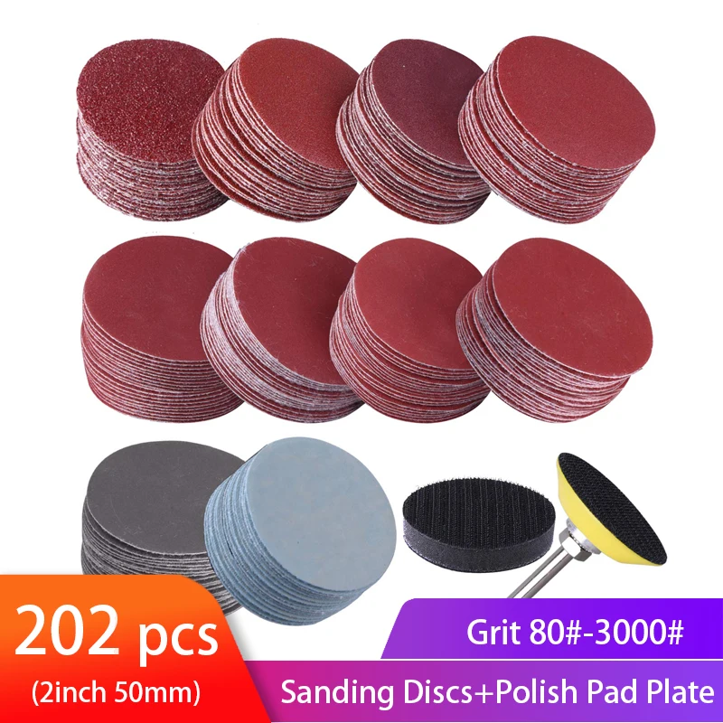 202 Pcs 2 Inch Sanding Discs with 1 pc 1/4 Inch Shank Backing Pad and 1 pc Soft Foam Buffering Pad for Drill Grinder Rotary Tool