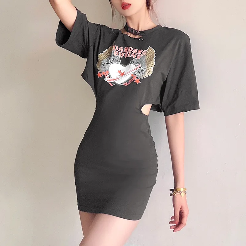 

Women's Sexy Elegant Shirt Dress Fashion Hollow Out Leaky Waist Dresses Casual Slim Cartoon Buttocks Short Dresses Vestidos 2021