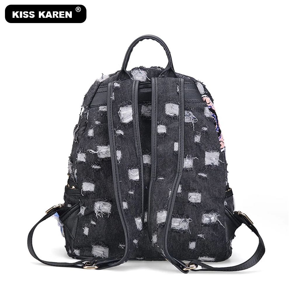 KISS KAREN, Модный женский рюкзак с заклепками, джинсовые рюкзаки, женские рюкзаки, рюкзак для девочек, сумка, повседневный рюкзак