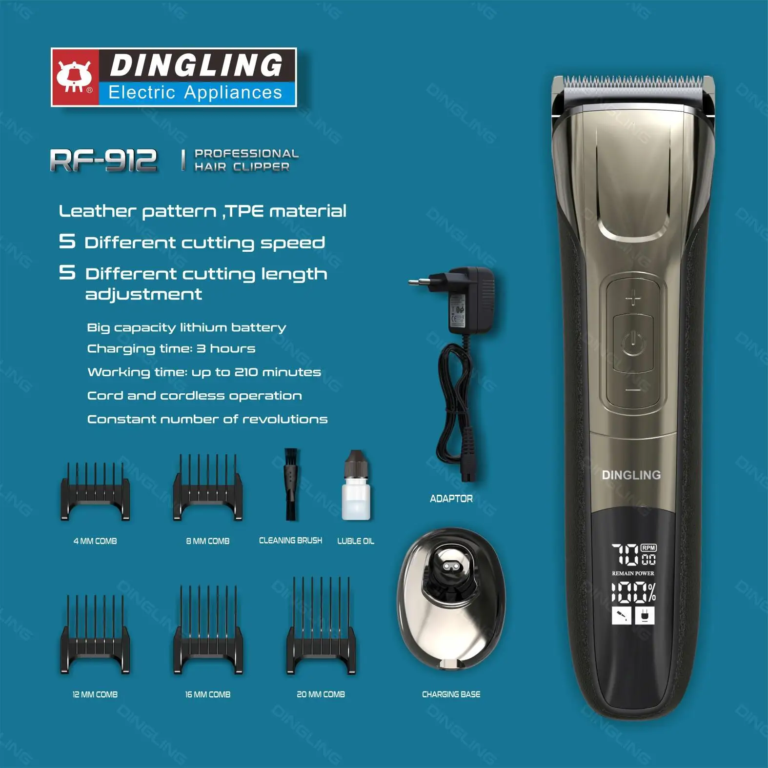 DingLing-cortadora de pelo eléctrica de velocidad Variable, RF-912, potente, de acero fino, con pantalla LED, lavable, de poco ruido