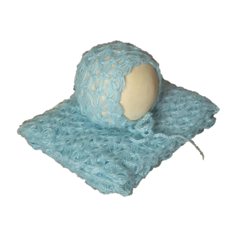 

Baby Infants Blanket Cap Backdrop Set Newborn Photography Props Fluffy Stretch Knitted Wrap Swaddling Mesh Hat