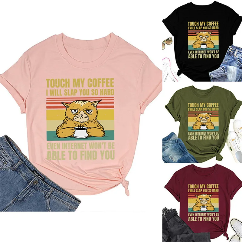 

Футболка женская хлопковая с коротким рукавом, милая рубашка с круглым вырезом и мультяшным принтом my coffee, топ на лето