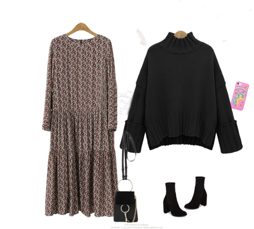 Женское осенне-зимнее шифоновое платье с длинным рукавом и принтом в европейском