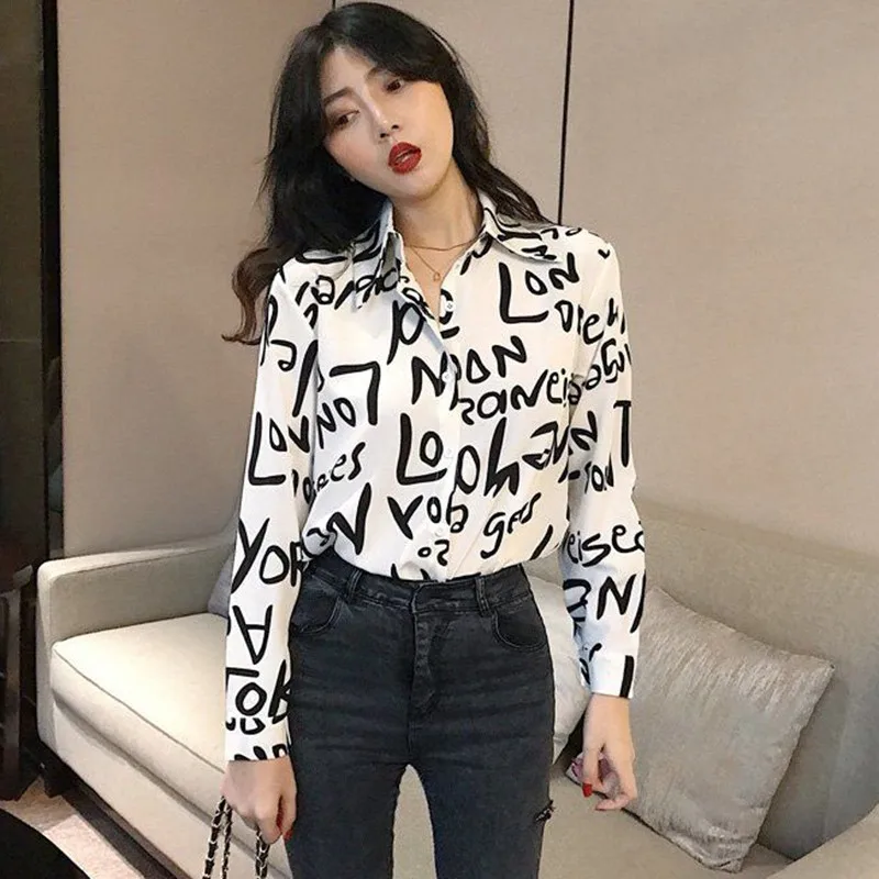 

ROPALIA Fashion Women Loose Blouse Casual Lapel Shirt Letters Printing Blouses Females Long-sleeved Shirt