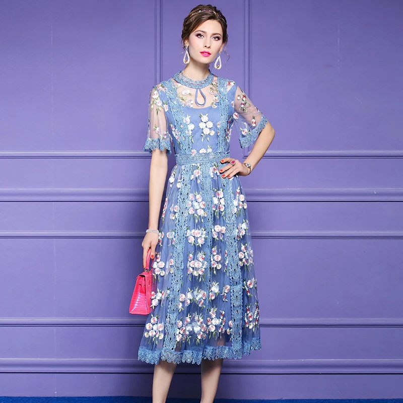 

Women's Runway Fashion Luxury Floral Embroidery Blue Mesh Party Dresses for Summer Designer Short Sleeve Midi Sexy Prom Vestidos