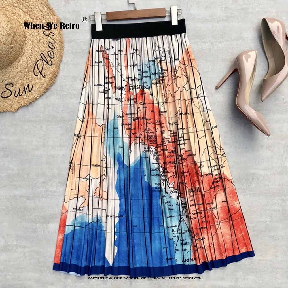 Женская плиссированная юбка средней длины длинная VD2733 с высокой талией и принтом