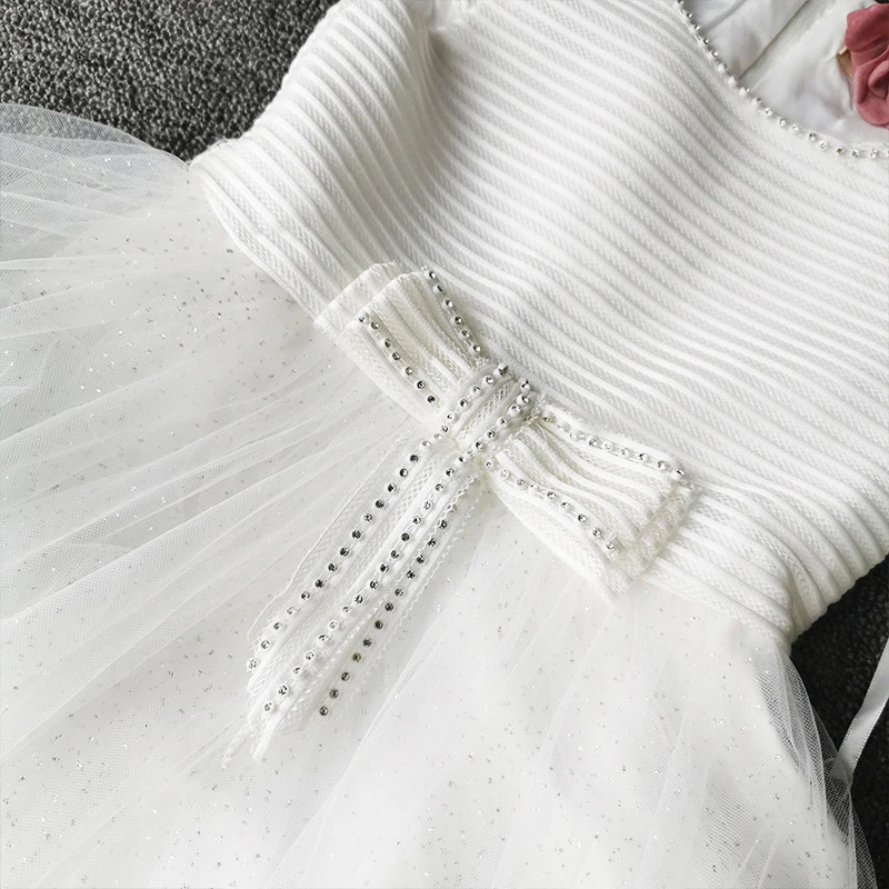 

Flower Girls Dresses Illusion Short O-Neck Lace Tulle Bow Crystal Floor-Length Luxury White Elegant Kid Party Princess Gown F504