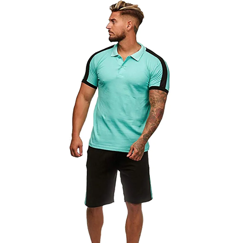 

Men's Summer Football Tracksuit Leisure Stripe Color Collision Short Sleeve Shorts Sports Thin Two Piece Sets Ropa De Hombre