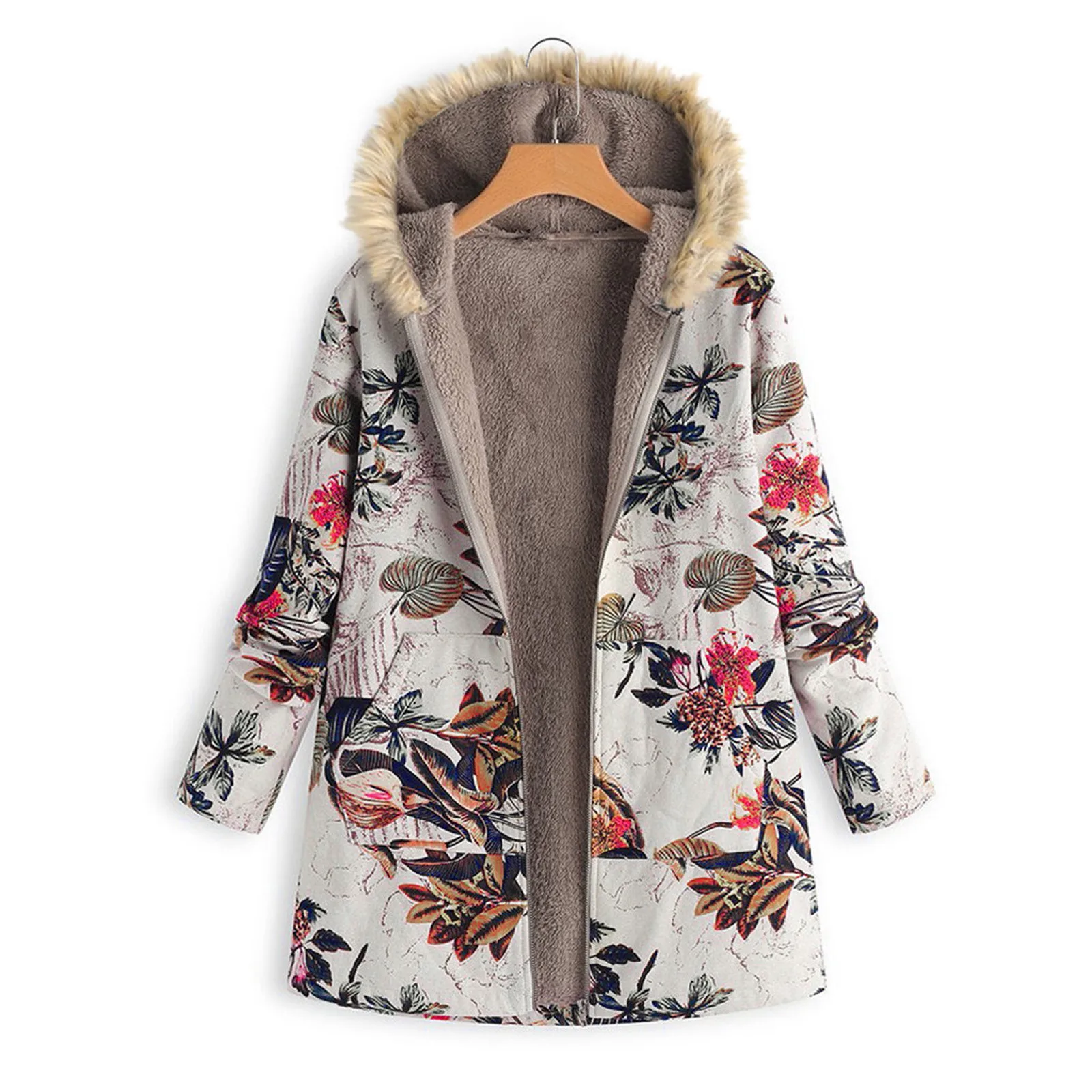

Winter women's retro cotton large size fur collar zipper plus velvet printing cardigan long coat fashion