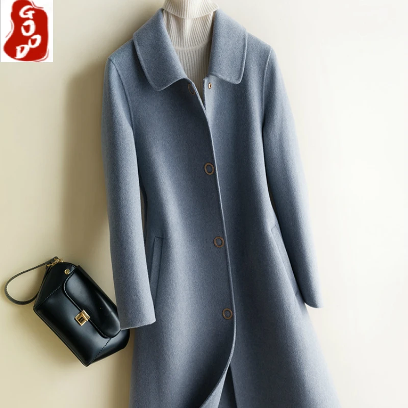 

Women Coats Autumn Winter 100% Natural Wool Coat Female Slim Long Spring Clothes Elegant Sided Woolen Overcoat LPL1322