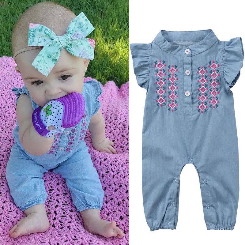 

Baby Girl Fashion Blue Denim Jumpsuits Romper 0-24M Newborn Infant Toddler Summer Sleeveless Ruffled Playsuit Outfits Clothes