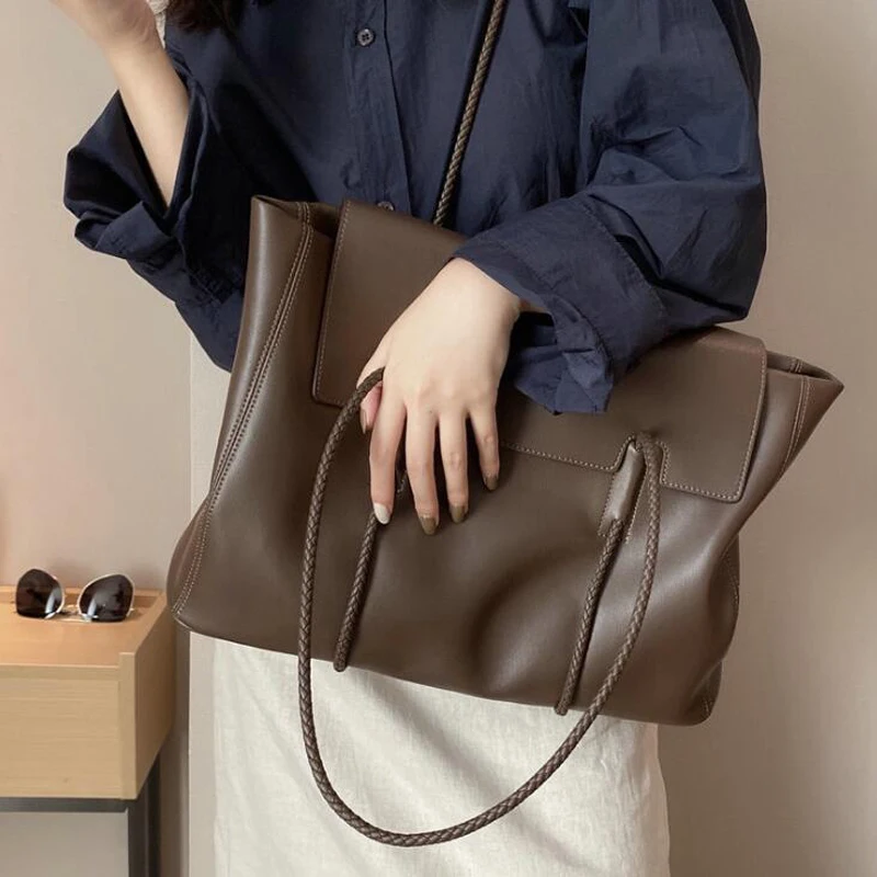 

New Design Quality Handbags Women Handmade Large Capacity Tote Shopping Bags Split Leather Shoulder Bag Luxury Brand Big Purses