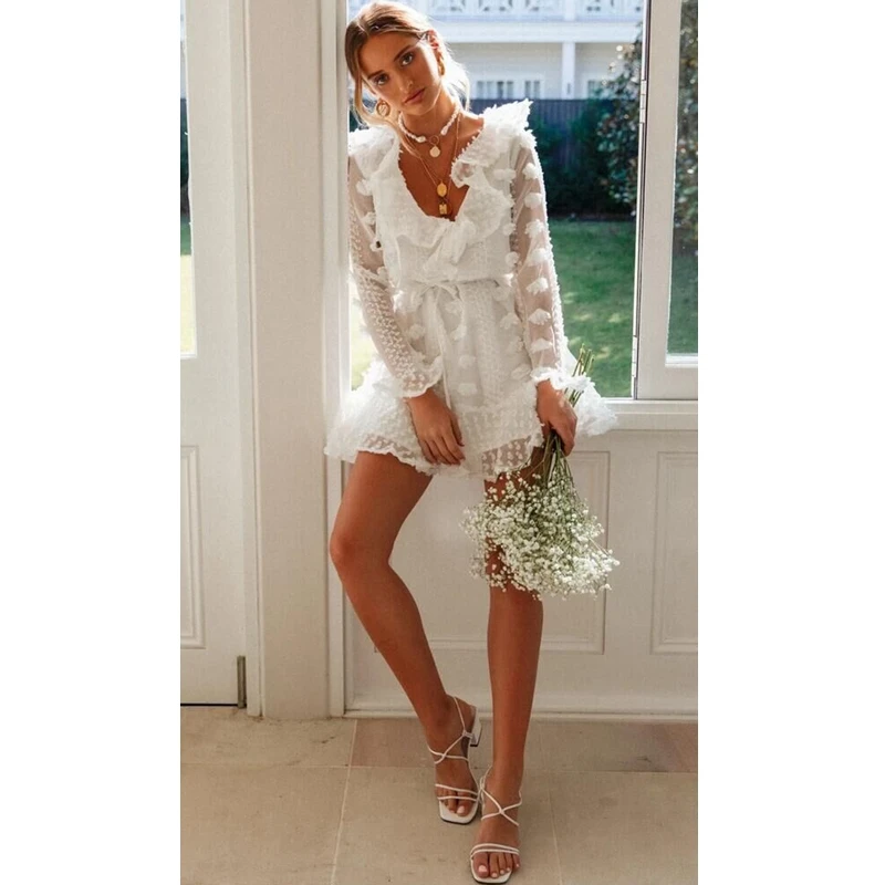 

WEPBEL Dress Women's Casual Solid Color Lace See-through Stitching Dress Summer Long Sleeve V-neck High Waist Slim Dress