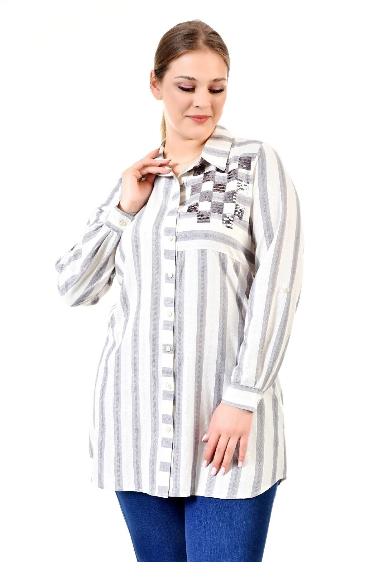 

Women Stamp Sequin Embroidered Striped Large Size Smoked Linen Shirt