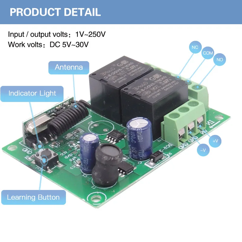 rf Remote Control System 433Mhz Universal Wireless DIY Smart Switch DC 5V~30V 2CH Relay Receiver and Long Range Transmitter |