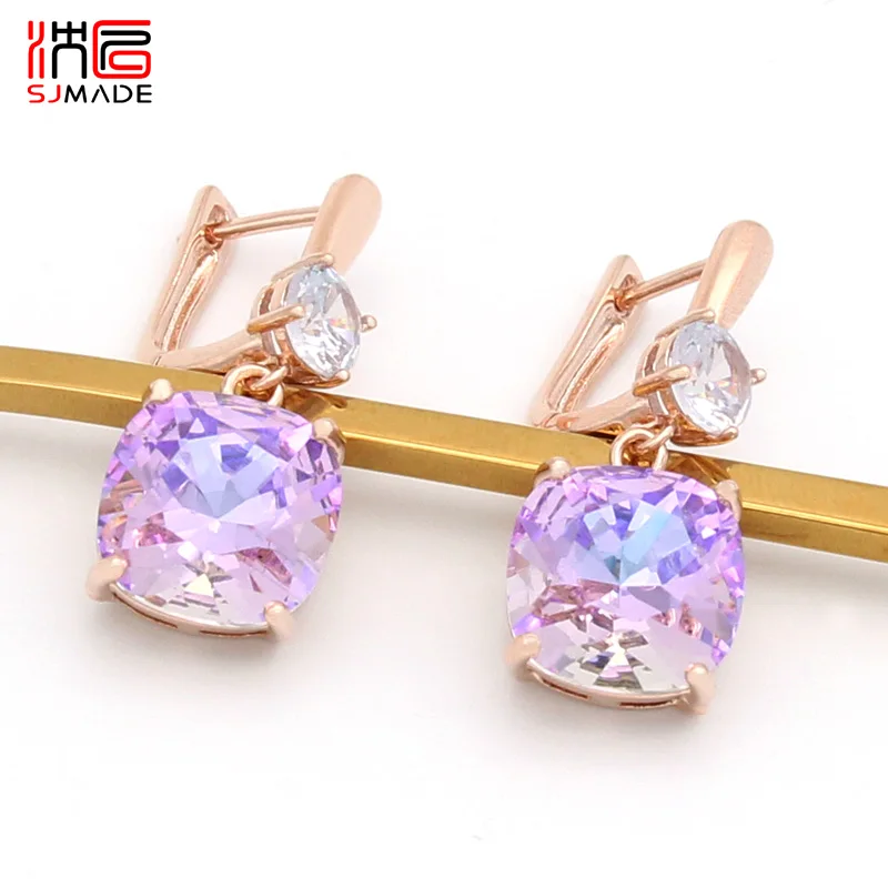 

SJMADE New Fashion Elegant Colorful Square Crystal Dangle Earrings For Women Wedding Jewelry White Gold 585 Rose Gold Earrings