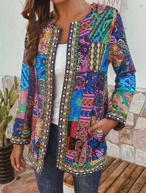 

Retro cotton and linen printed loose long-sleeved jacket cardigan