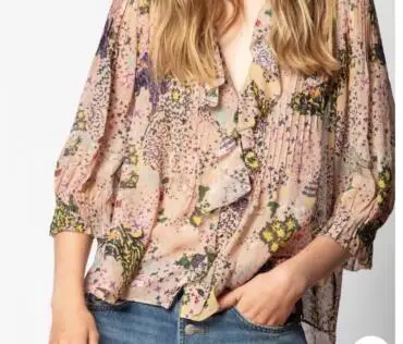 Шелковая блузка с цветочным принтом v образным вырезом оборками рукавами 3/4