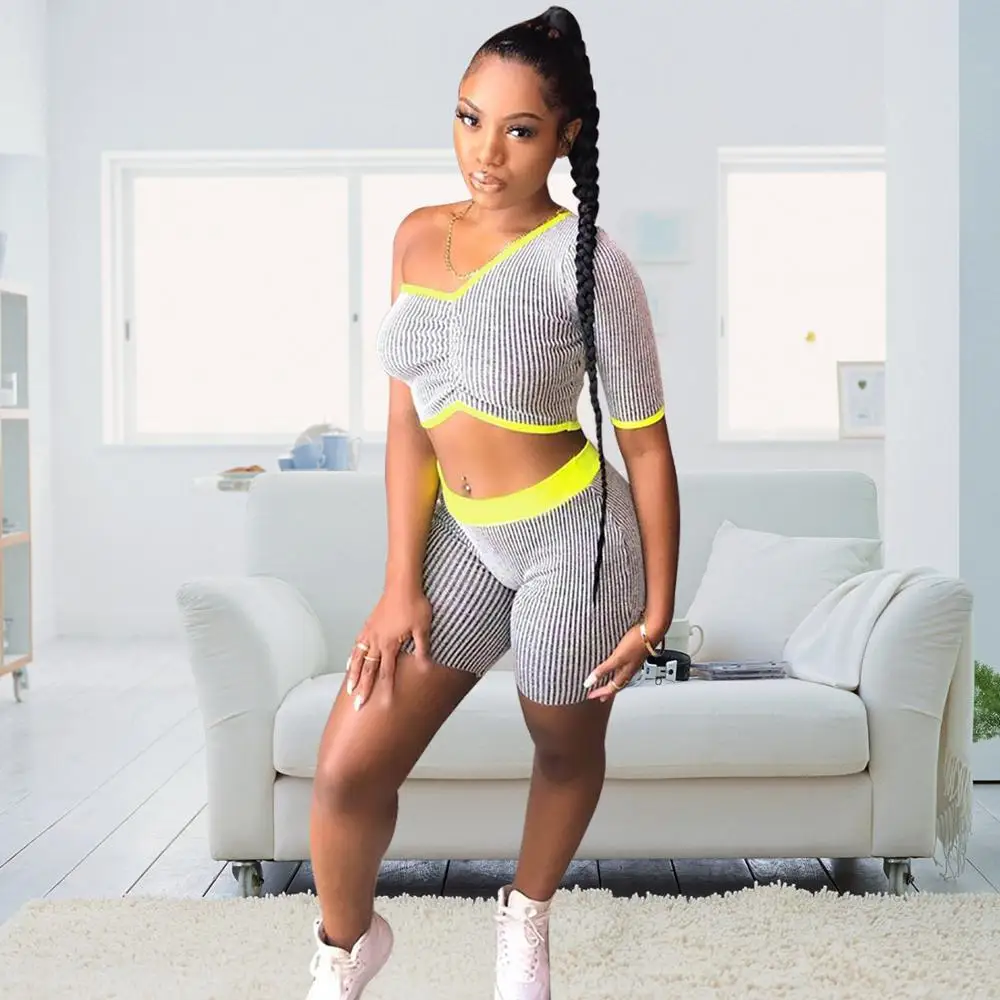 Casual stripe Two Piece One Shoulder Short Set | Женская одежда