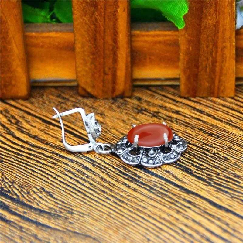 Vintage Agate Jewelry Set Natural Stone Necklace Earring Rhinestone Flower Antique Sliver Plated For Fashion | Украшения и
