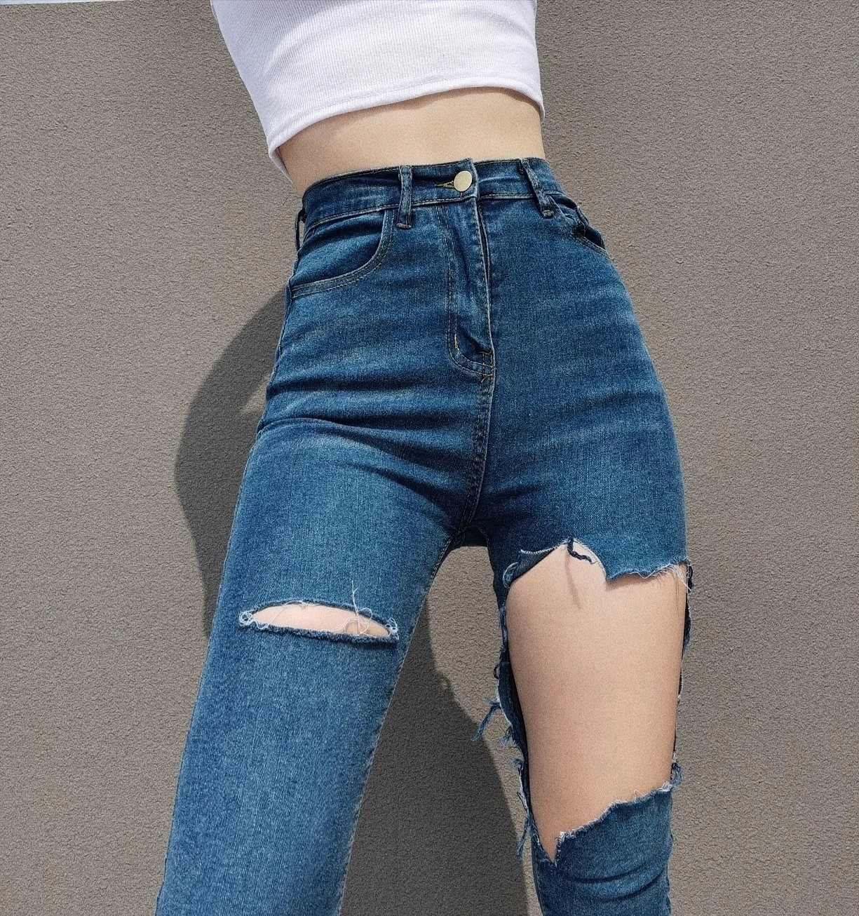 

Womengaga Ripped Pants Women 2021 Spring Hole High-waist Stretch Loose Tight Jeans Women Thin Ankle-Length Pencil Pants Jspy