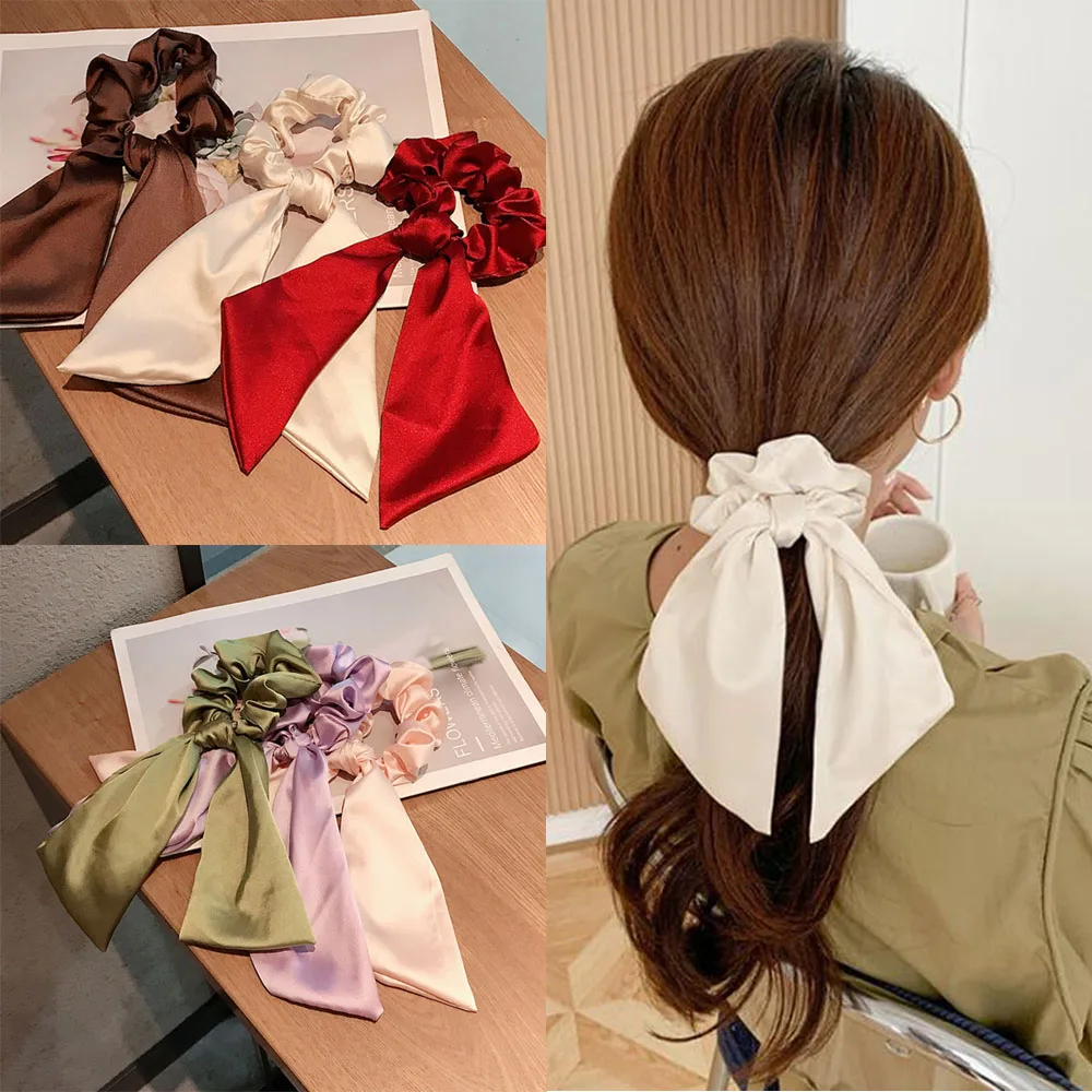 

Vintage Women Satin Scrunchie Bow Streamers Hair Scrunchies Ribbon Hair Ties Horsetail Ties Head Wrap Hair Accessories Hot