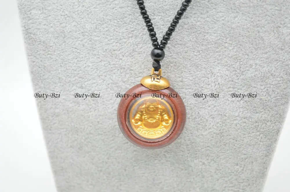 Колье с подвеской из смолы длинная цепочка бусинами в форме Будды золотой цвет со смеющимися деньгами