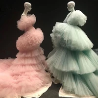 new trendy mint green tiered ruched long evening dresses ruffles peach pink puffy tutu prom gowns abendkleider 2021