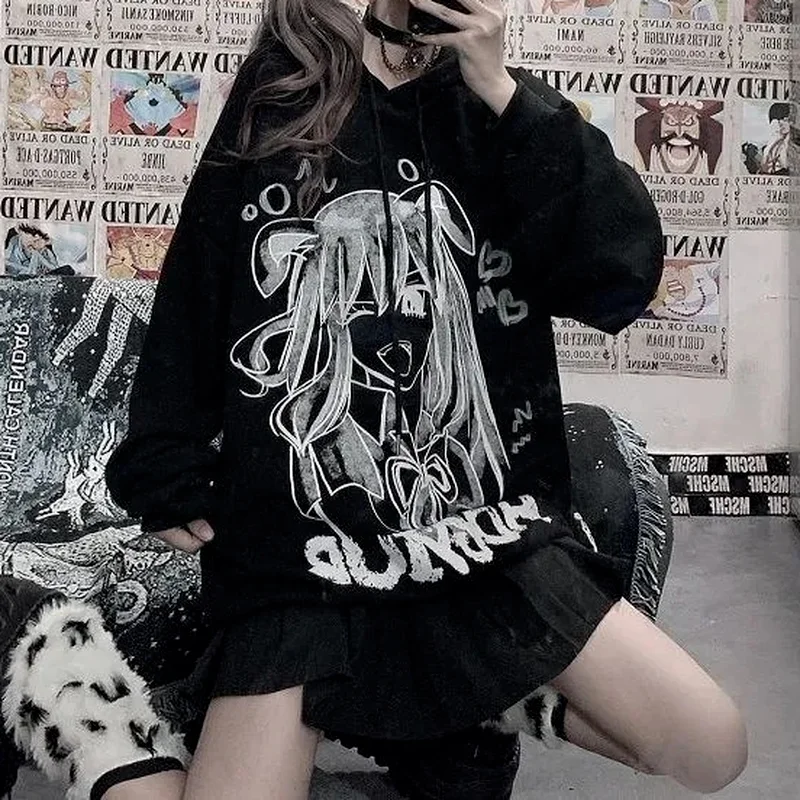 

Japanese Harajuku Manga Girl Hoodies Women Korean Fashion black Hoodie Long Sleeve Top Female Gothic Clothes 2021 autumn