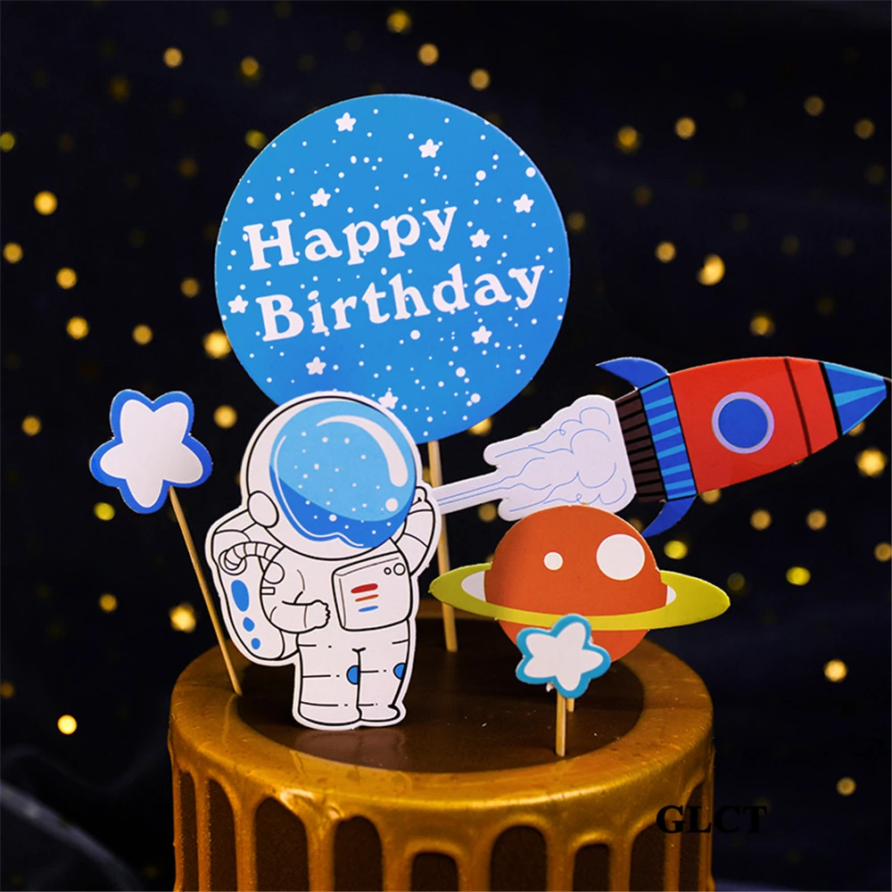 

1 birthday cupcake toppers kids baby boy birthday cake decoration astronaut rocket spacecraft spaceship happy birthday topper