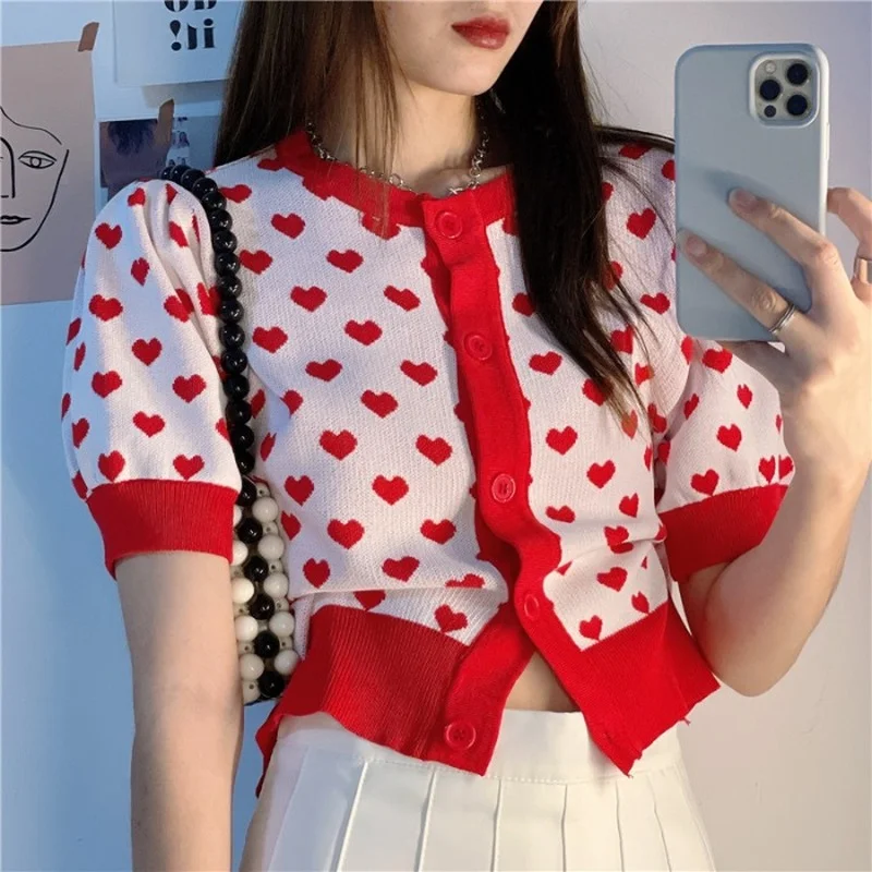 

ZAWAHIKI Korean Vintage Heart Knitted Cardigan Summer 2021 O Neck Short Sleeve Single Breasted Loose Tops Fashion Women Sweaters