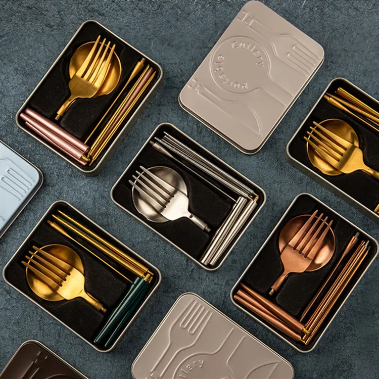 

304 stainless steel removable Portuguese cutlery portable packaging two folding gold tableware set