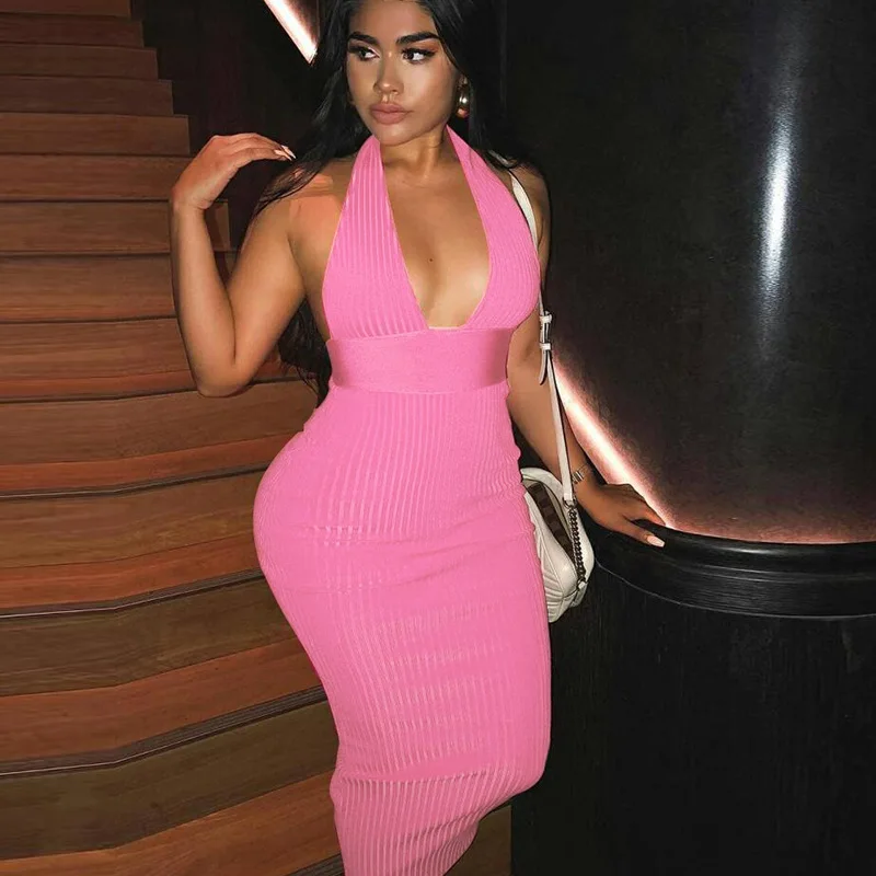 

Autumn Sexy Fashion Women Solid Color Halter Neck Deep V Neck Halter Fashion Tight Fitting Hollow Dress