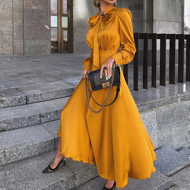 

New fashion women's all-match temperament lacing bow neckline long sleeve temperament solid color big hem and ankle long Dresses