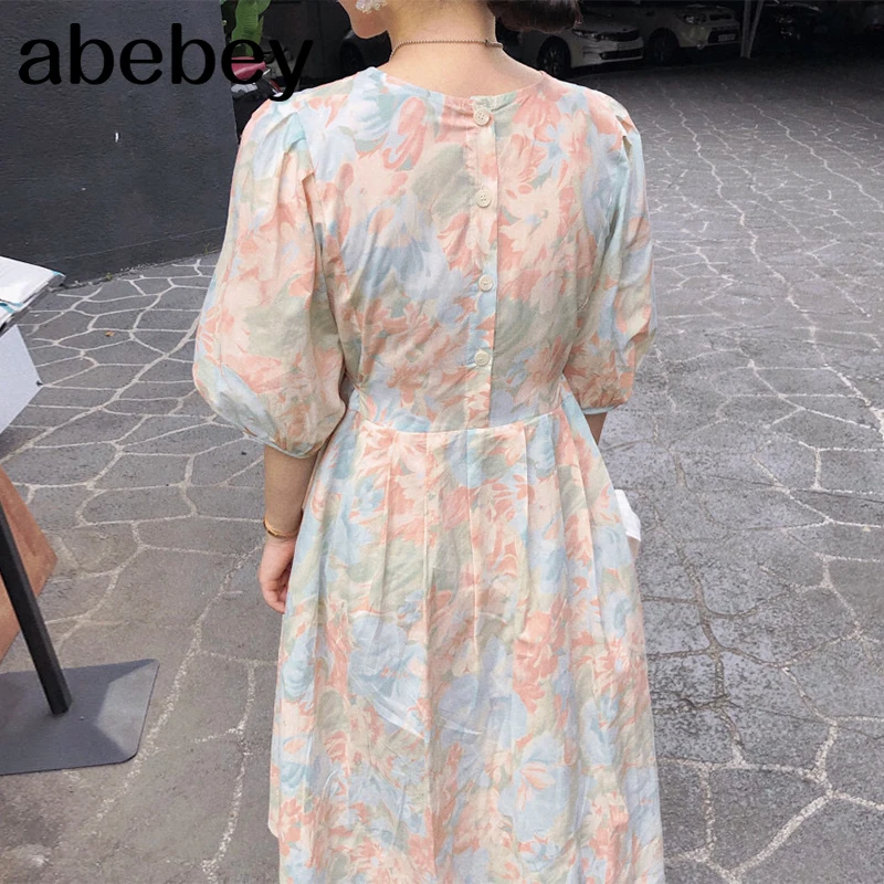 

New Summer Women O-neck puff sleeve Dress hit color printing back single breasted lace up waist Dress 2021