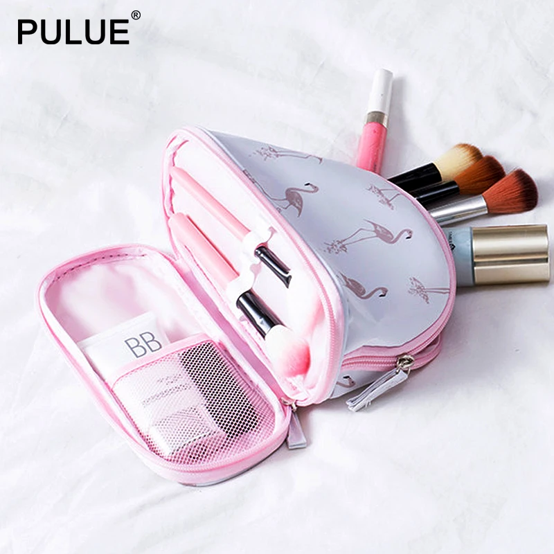 Новый дизайн Двухуровневая Сумка для макияжа женская мода Фламинго кактус