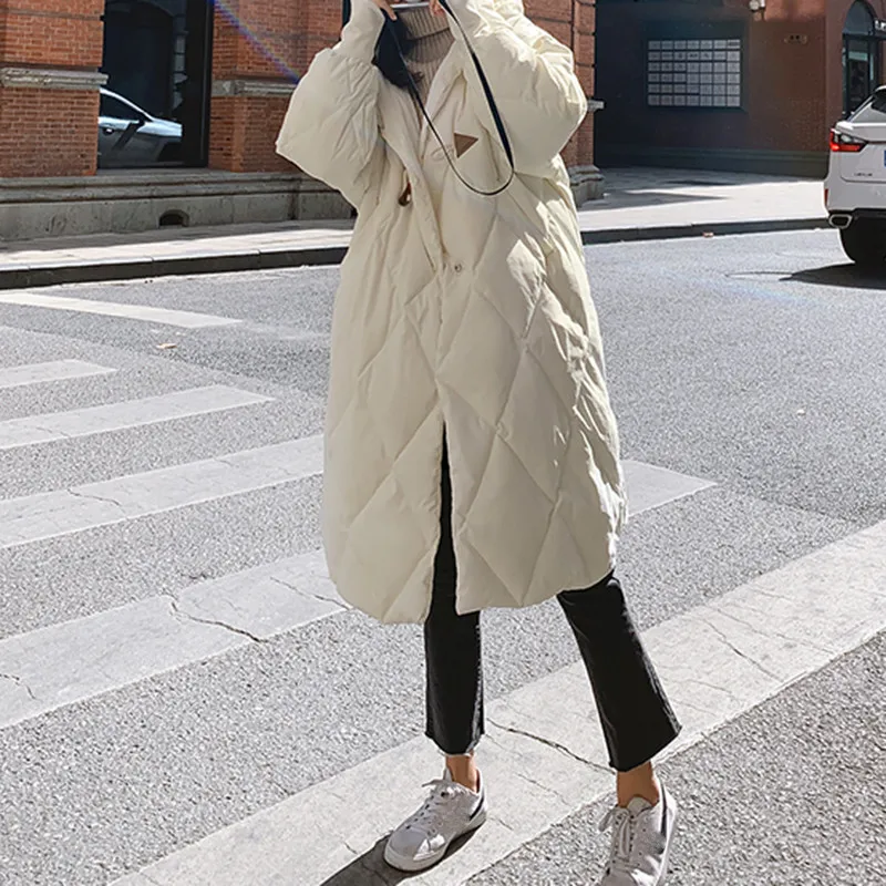 Sungtin модная длинная парка с капюшоном ромбиками пальто Женская куртка большого