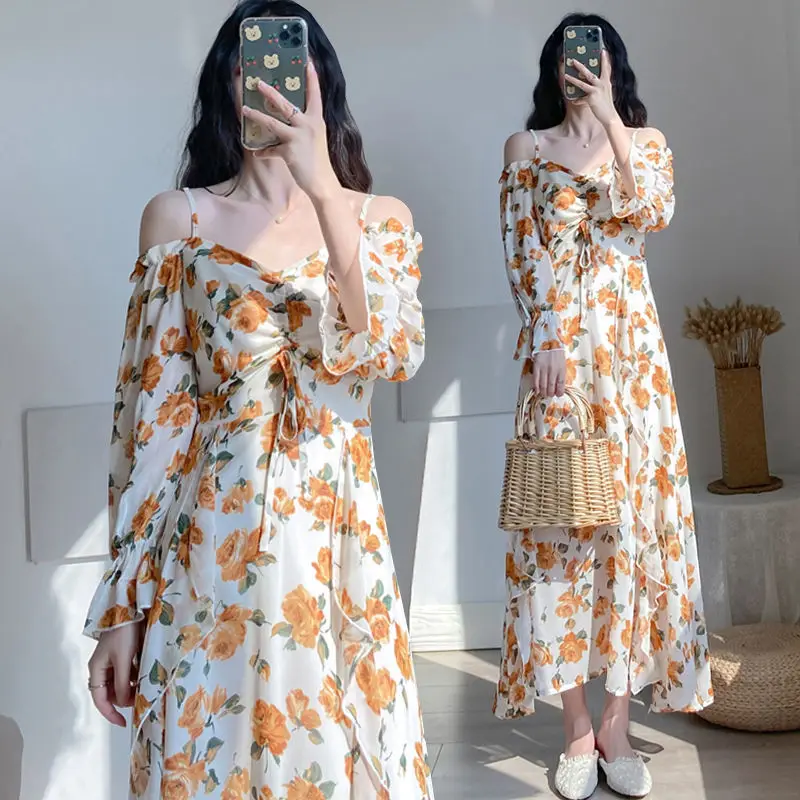 

2021 summer women's large-size loose Chiffon one-shoulder dress sexy girl dress fashion print beach skirt suitable size L-4XL