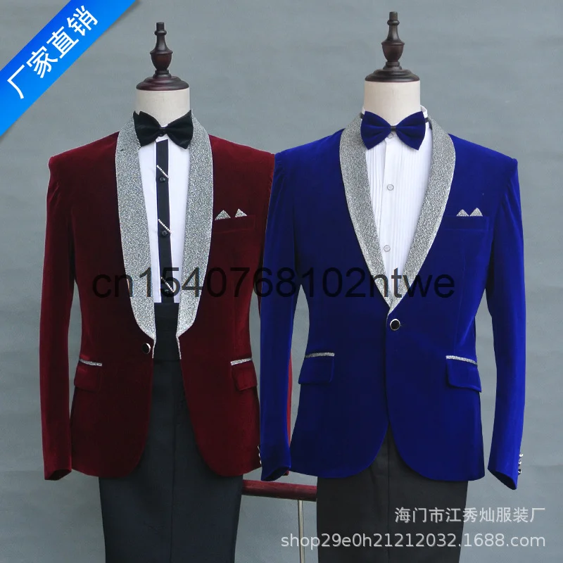 

Платье для сцены мужской 2021 новый этап хозяин MC тонкий костюм для торжеств зеленый бархат фрукты воротник костюм в китайском стиле