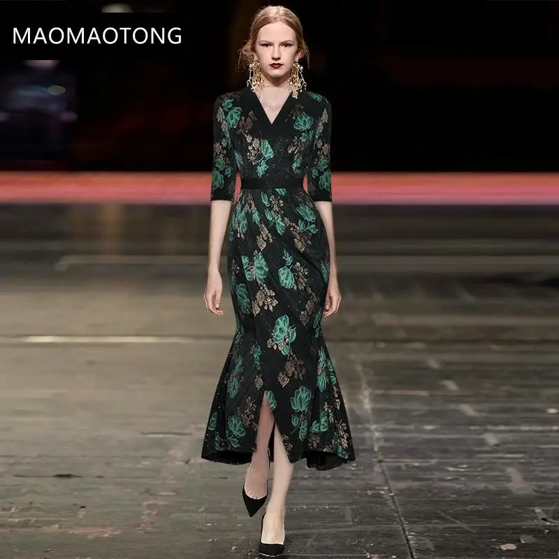 

2021 Summer Fashion Designer Bodycon Dress Women V-neck Half Sleeve Floral Print Vintage Mermaid Party Midi Dress