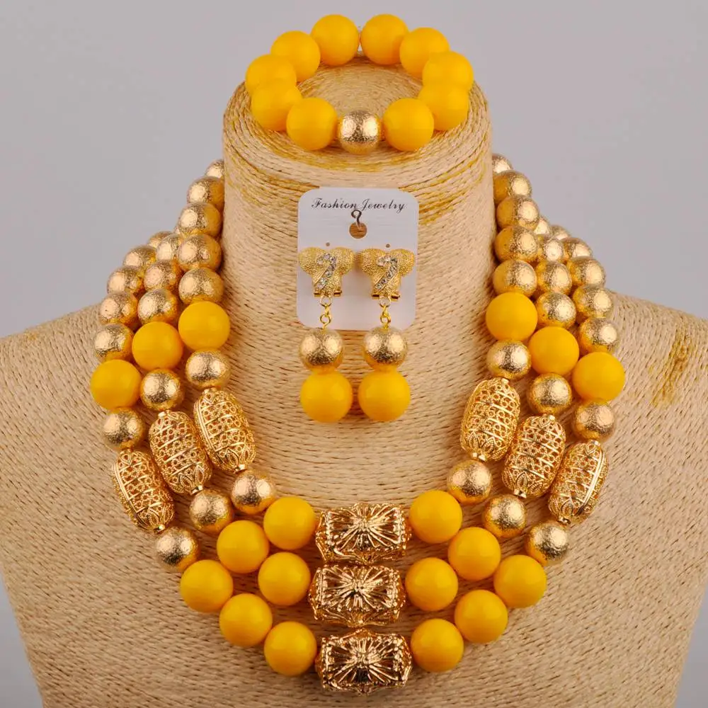 Классическое жемчужное ожерелье, браслет и серьги из желтого стекла, ювелирные изделия в африканском стиле, Свадебный нигерийский комплект...