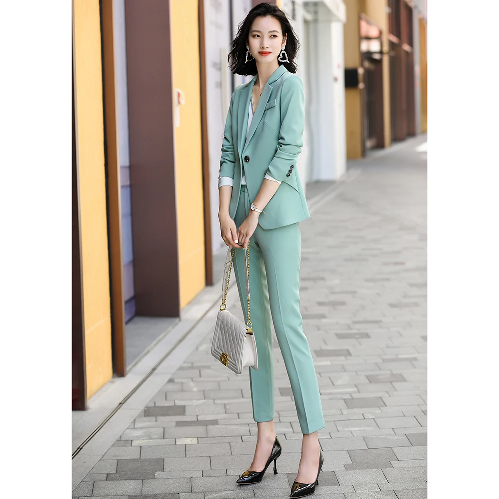 

New Elegant Autumn Pink Green Black OL Pant Suits For Women 2 Piece Set Formal Blazer Jacket Trousers Office Lady Plus Size 4XL