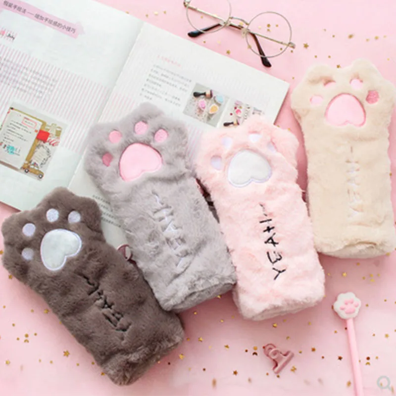 

Kawaii Cat Paw Pencil Bag Soft Plush Cosmetics Pouch Large Capacity Pencil Case Pen Holder School Supplies Organizer Stationery