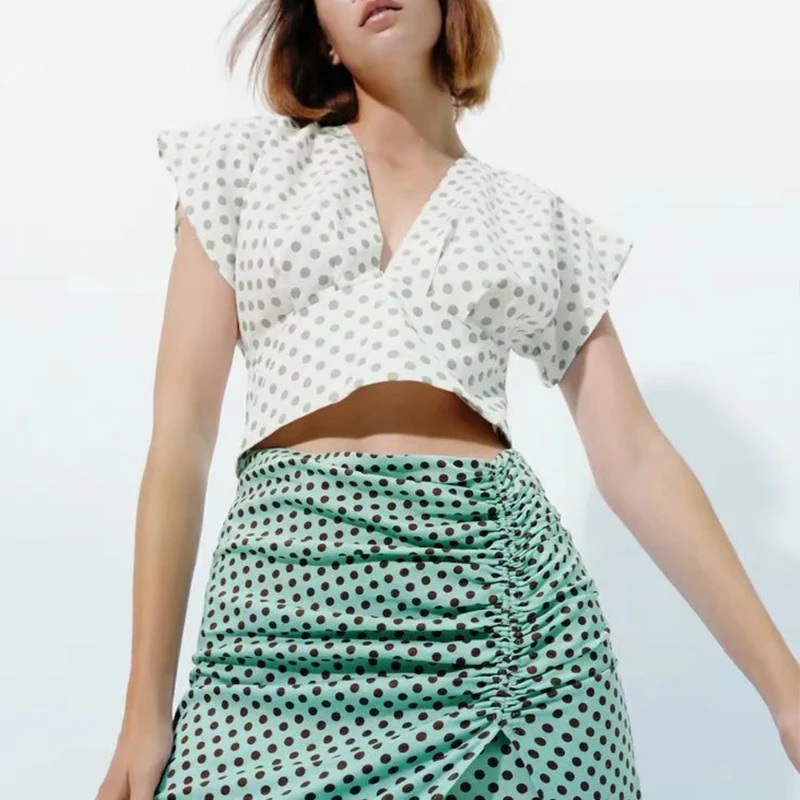 

Женская блузка в горошек KUMSVAG, Повседневная Туника с коротким рукавом, V-образным вырезом и бантом, лето 2021