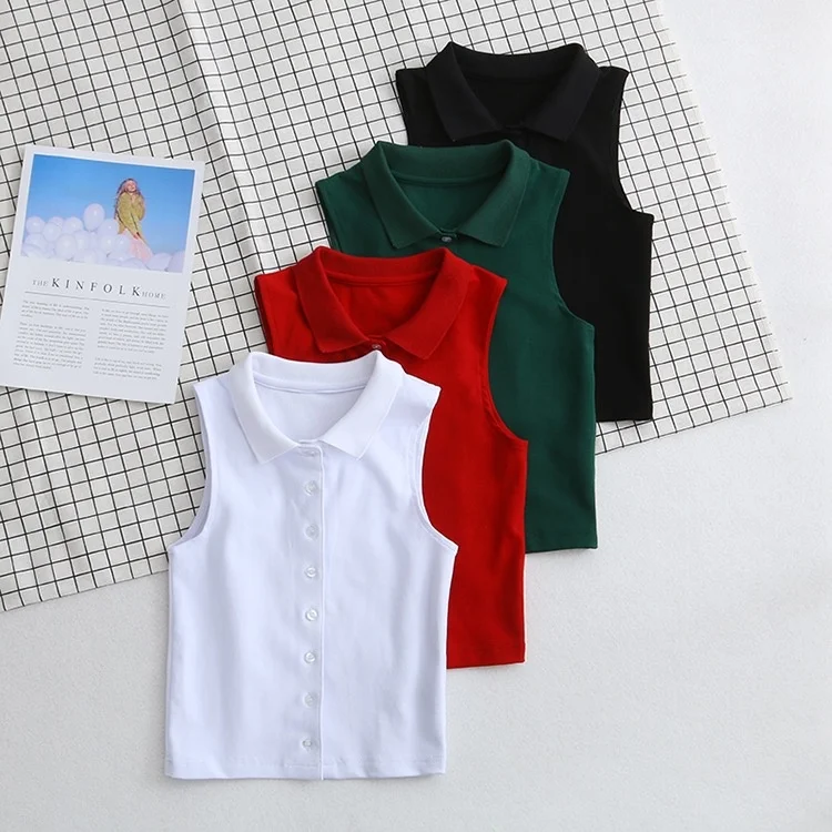 

WOMENGAGA New Style Threaded Lapel Button Large Elastic Slim College Sweet Solid Polo Collar Sleeveless Vest Woman B7W0