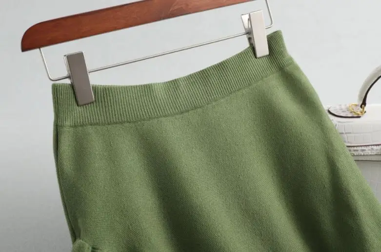 Зимняя юбка зеленая Гибкая эластичная высокая талия теплая шерстяная