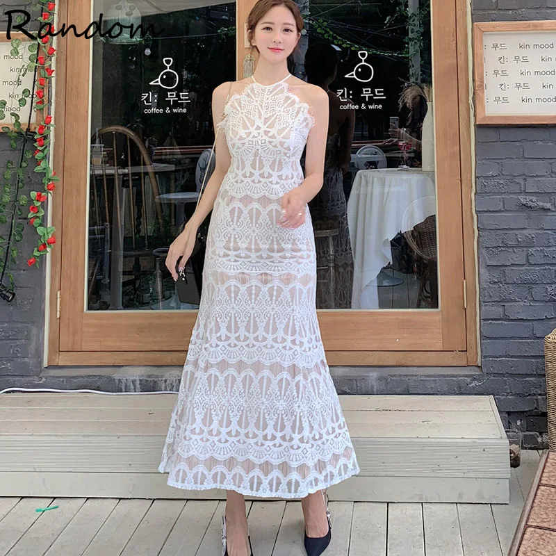 

Женские белые кружевные платья, корейские элегантные приталенные летние длинные вечерние платья макси без рукавов с лямкой на шее и открыт...
